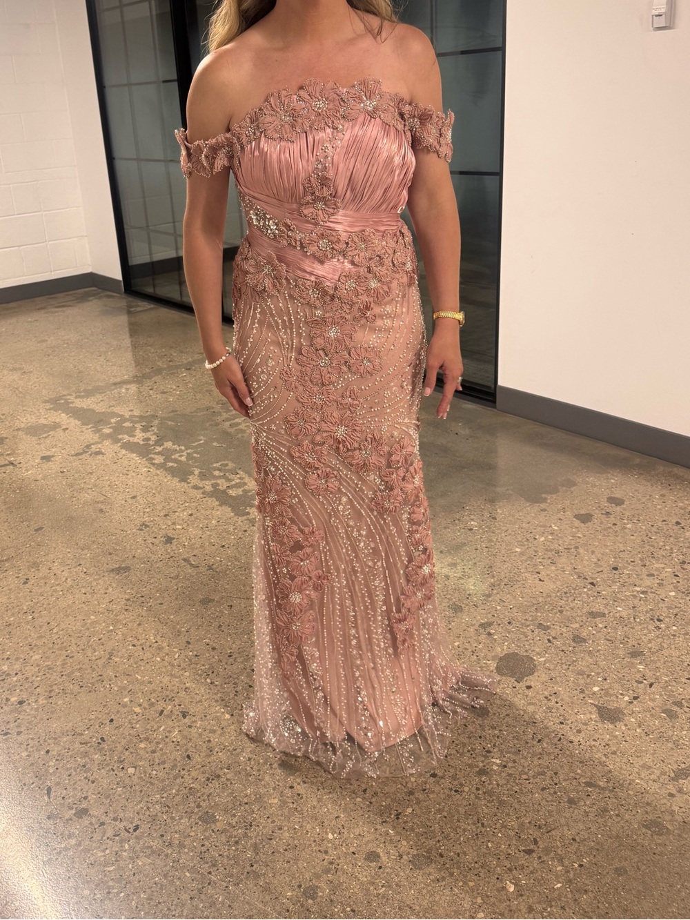 Blush Off-Shoulder Embroidered Evening Gown